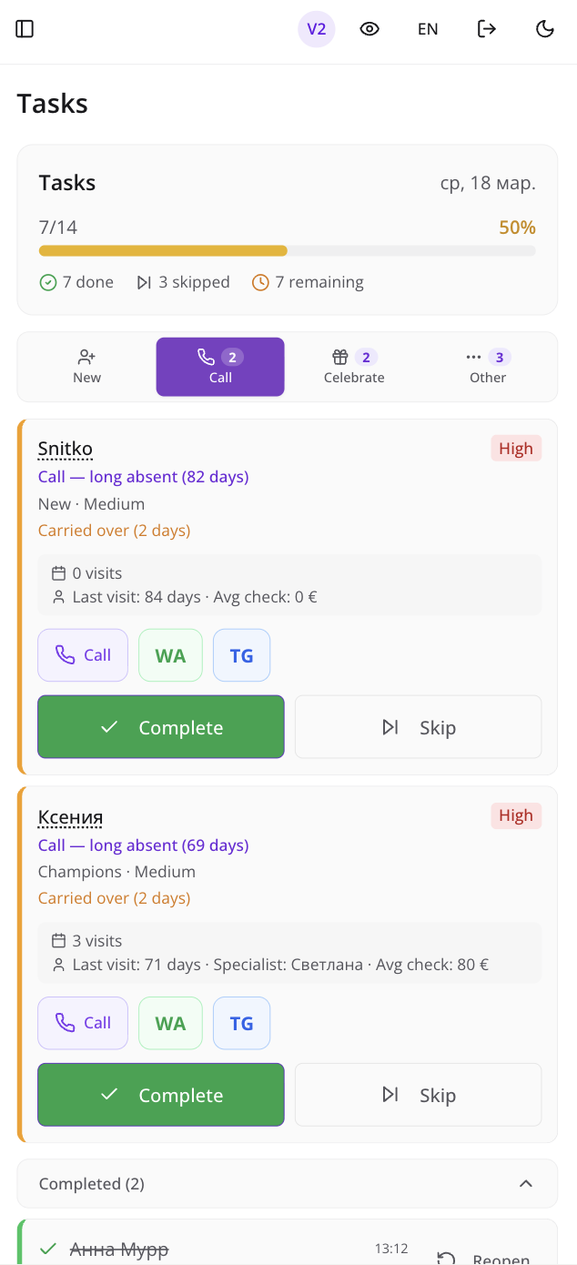 Ask Ami mobile app showing today's reception tasks