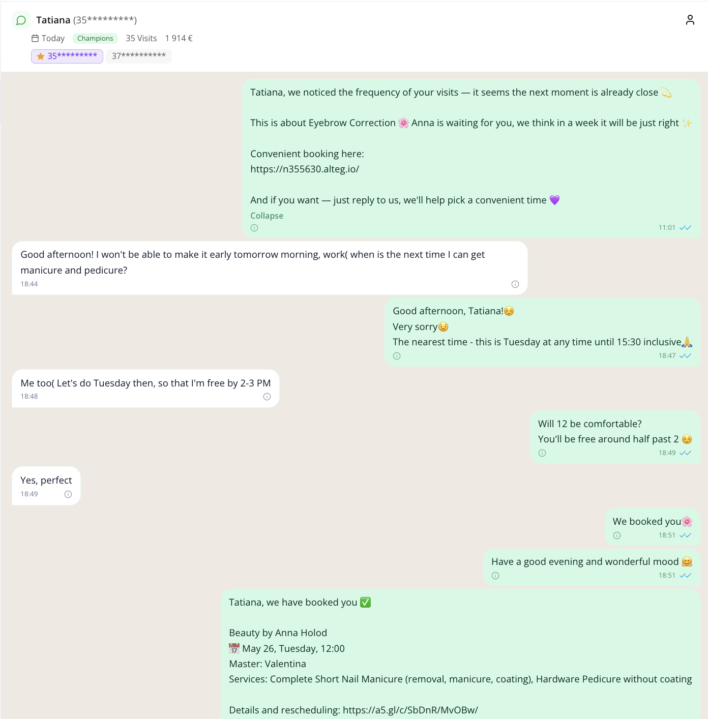 Ami's conversation with a client inviting them back to the salon